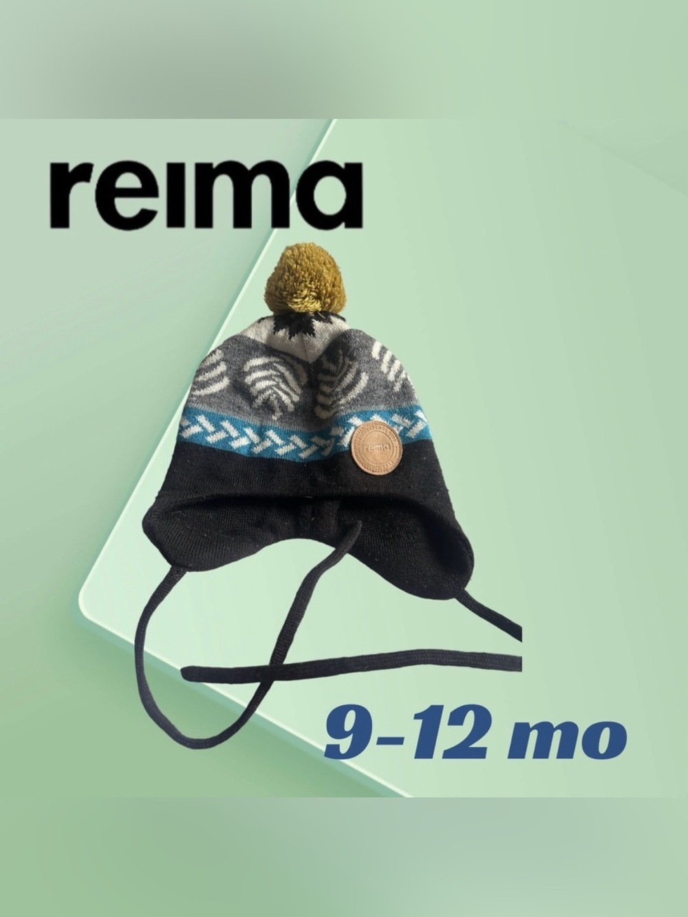 🇫🇮👍GUC REIMA | 9-12 mo | Nordic Black/aqua Wool Beanie tie string & pompom❗️read